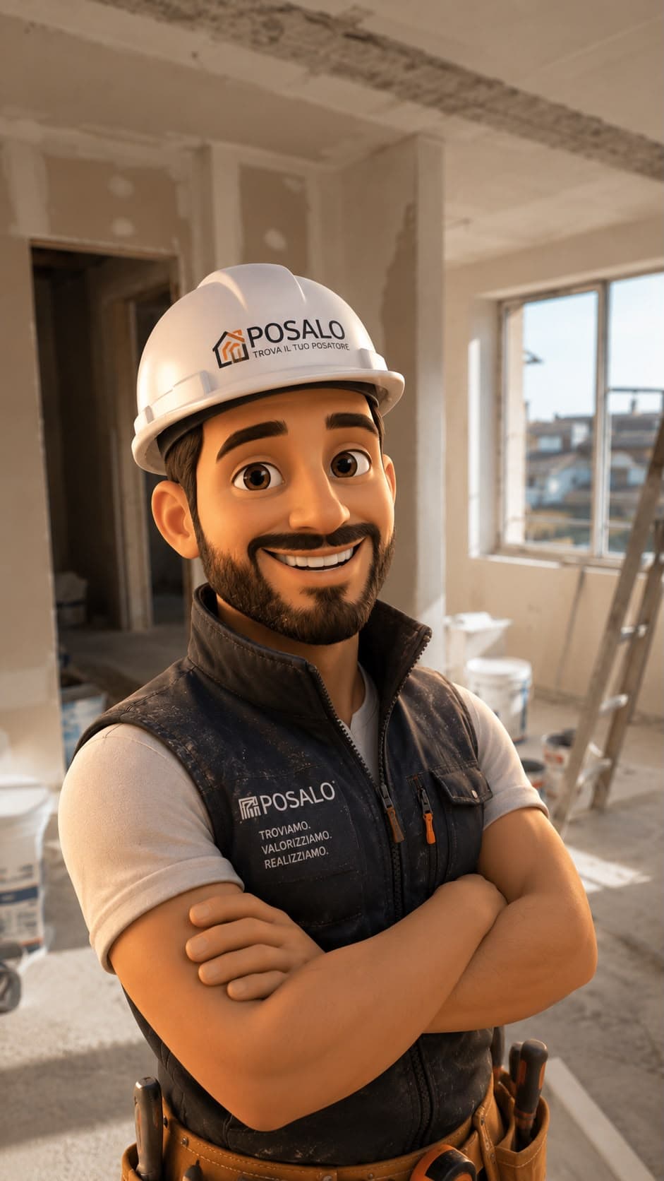 La mascotte di Posalo: un posatore con casco e gilet Posalo in un cantiere — personaggio illustrato